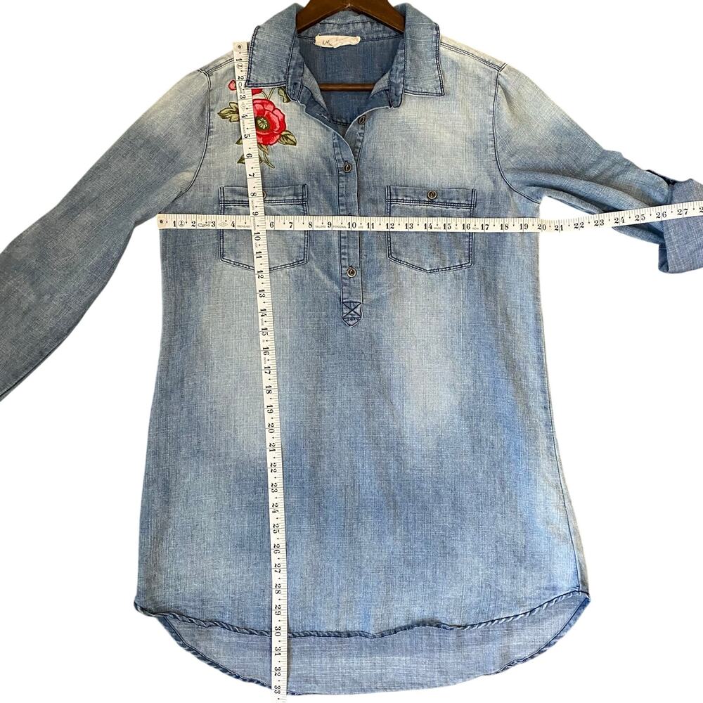 En Creme Womens S Embroidered Floral Chambray Denim Shirt Tunic Long Sleeve - Picture 8 of 14
